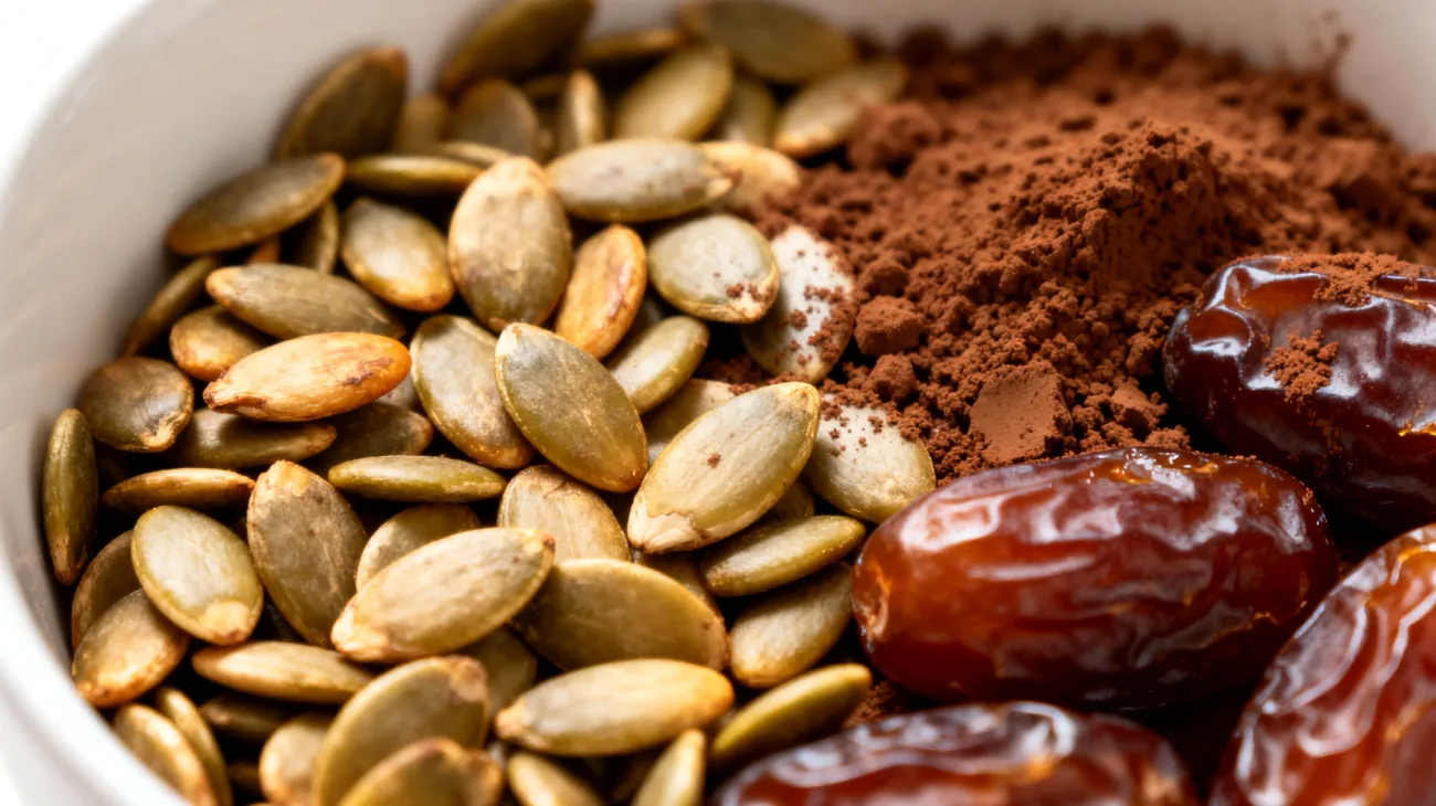 Mix di semi di zucca tostati con datteri Medjool e cacao crudo"