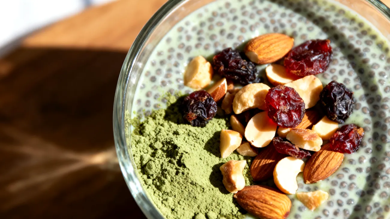 Pudding di semi di chia con spirulina e frutta secca"