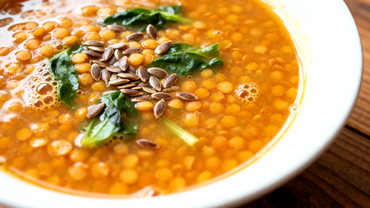 Zuppa di lenticchie rosse con semi di lino e verdure a foglia verde"